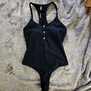 Button Detail Bodysuit - Black Ribbed Racerback - Victoria's Secret Sport